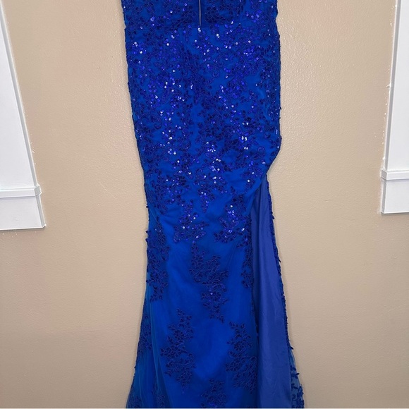 Hebeos Blue Sequined Spaghetti Strap Sweetheart Prom Gown Side Slit Size 2 - Picture 3 of 16
